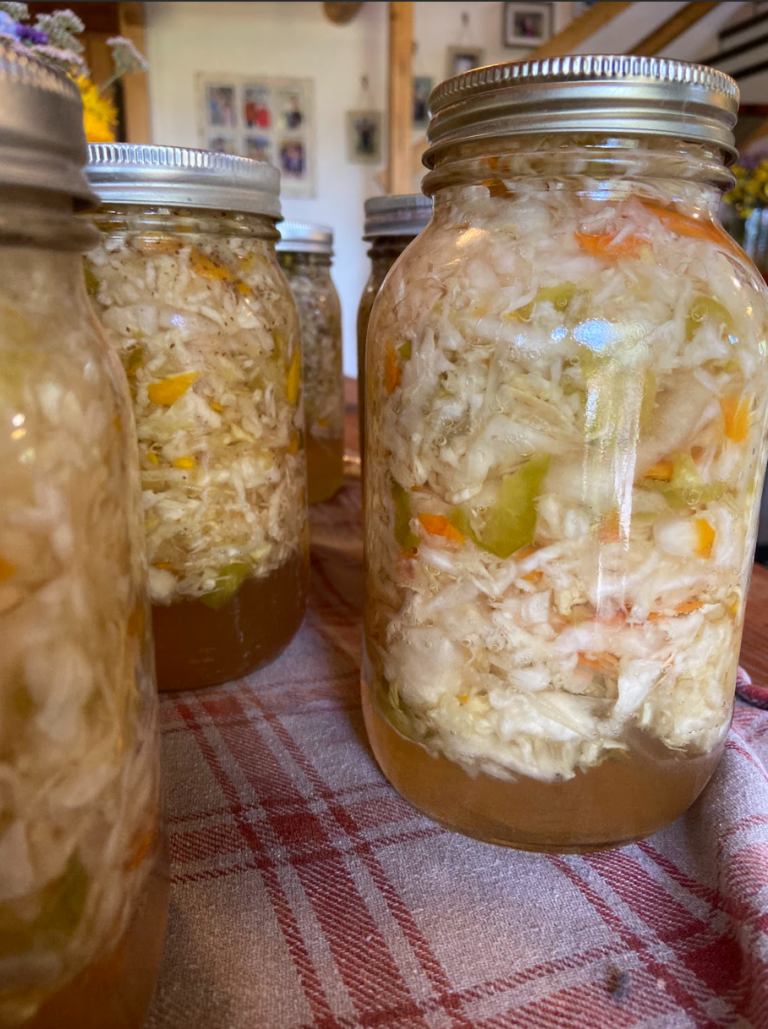 Jars of canned coleslaw sitting on a red and white plaid cloth.