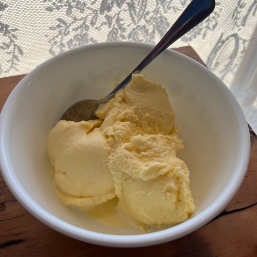 A bowl of homemade rich and creamy french vanilla ice cream on a wooden counter top.