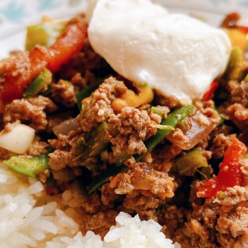 A mixture of hamburger, bean and vegetables on a plate of rice.