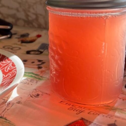 A mason jar with light orange jelly in it and a lid and a ring on top.