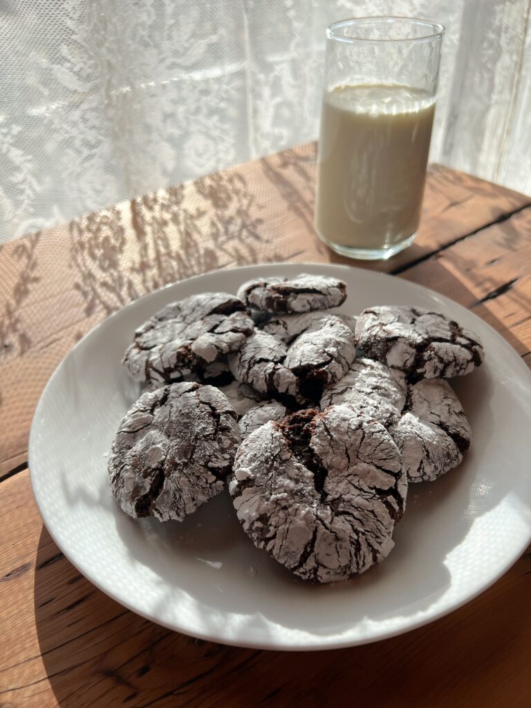 A white plate full of dark brown, powder coated round cookies and a glass of milk.