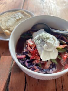 A bowl of homemade beet borscht with a dollop of sour cream on top sprinkled with a little dill.