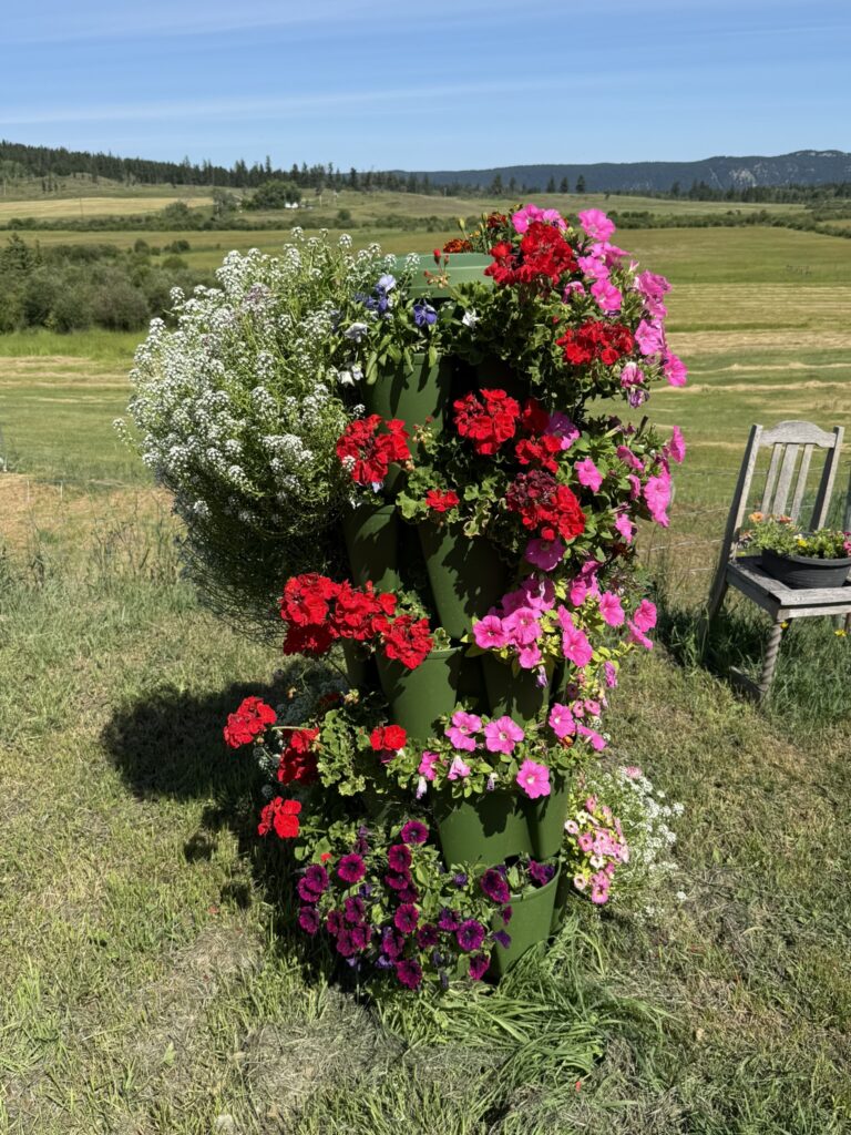 A greenstalk planter full of blooming flowers.