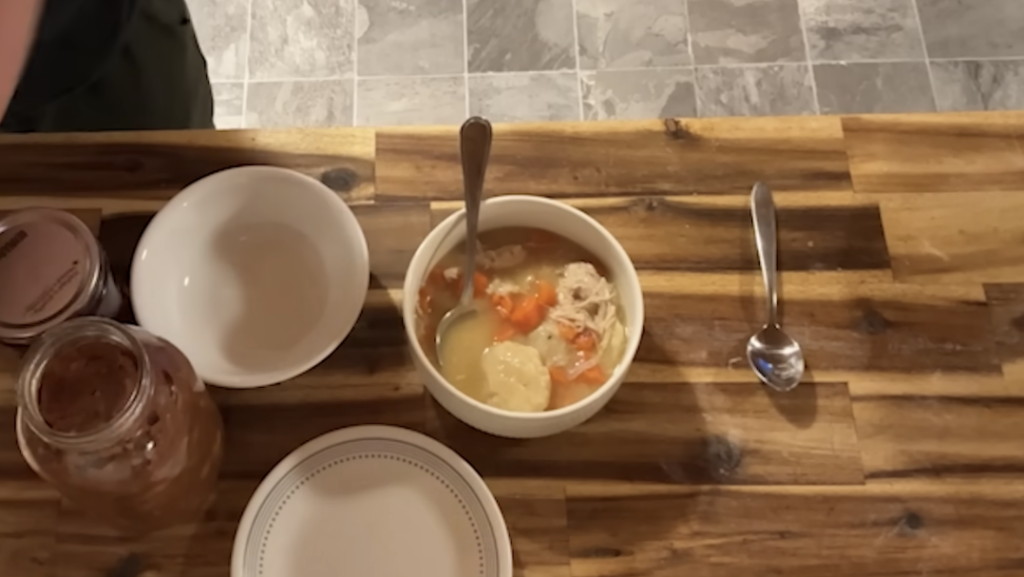 A while bowl with a frugal chicken and dumplings meal from the 1930s.