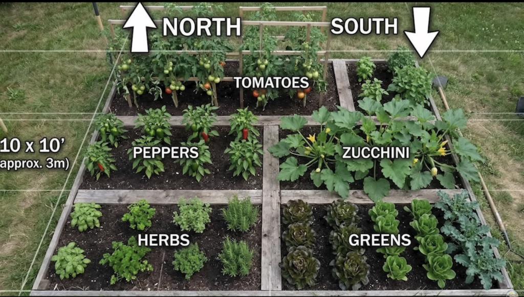 A 10 x 10 garden layout with north and south orientation.
