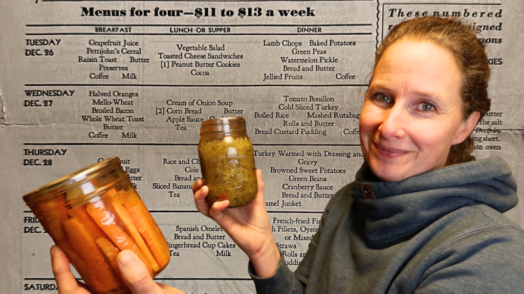 Chelsea holding up 2 jars of canned vegetables in front of a 1930s menu.