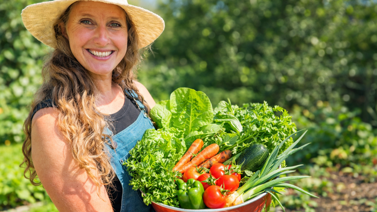 Chelsea wearing a straw hat and holding and arm load of freshly picked vegetables from the garden.