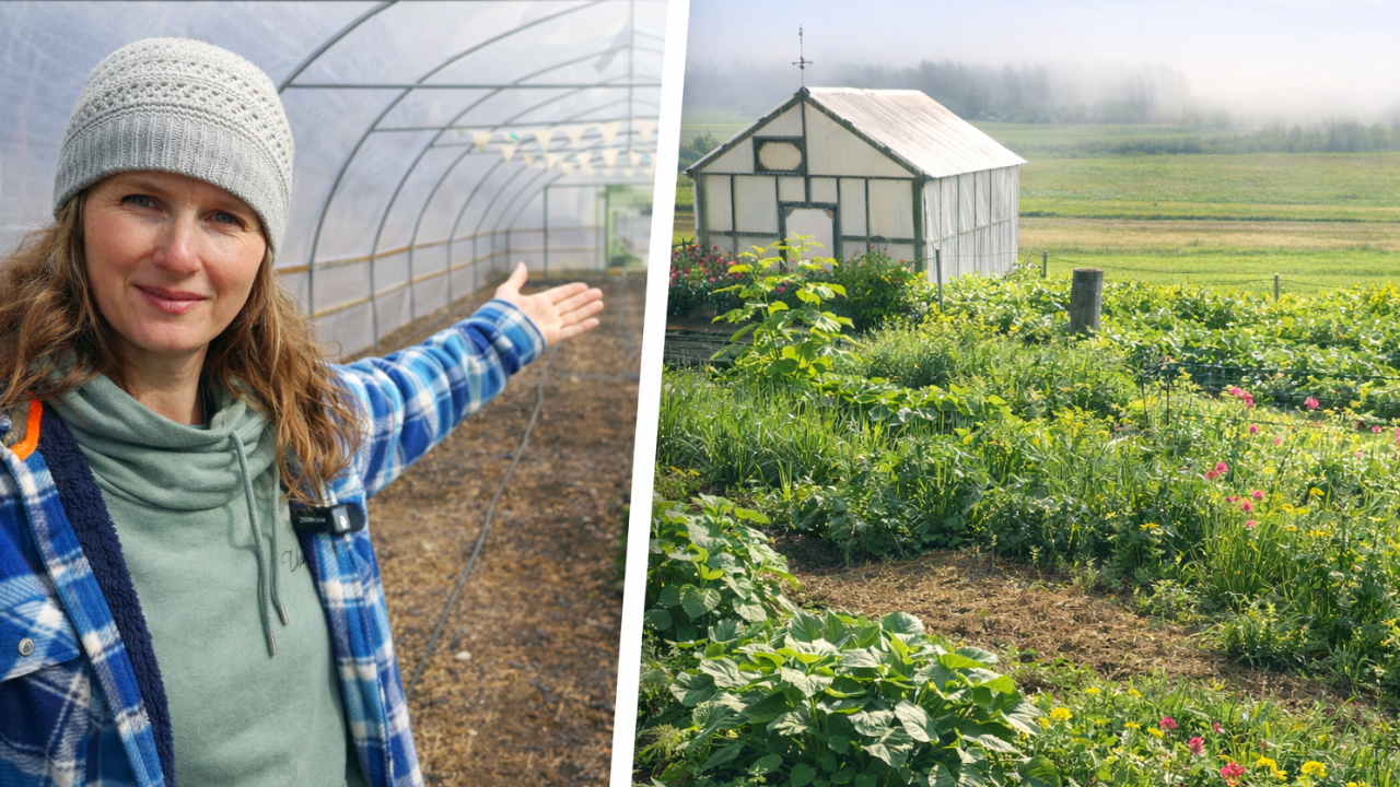 A split screen of Chelsea in a bare high tunnel on the left and a fully grown garden in the middle of the season.