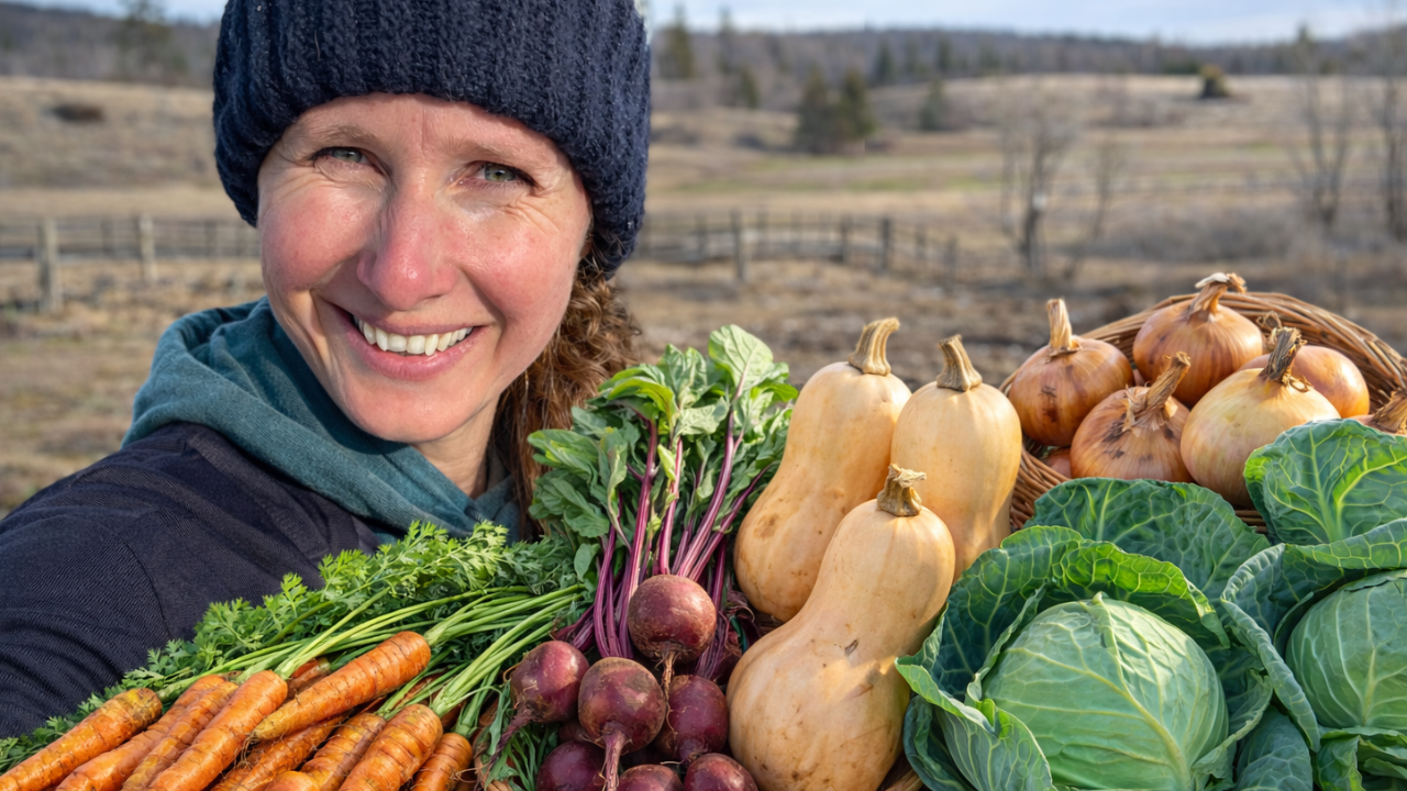 Close up of Chelsea with a variety of storage vegetables (carrots, cabbage, squash and onions).