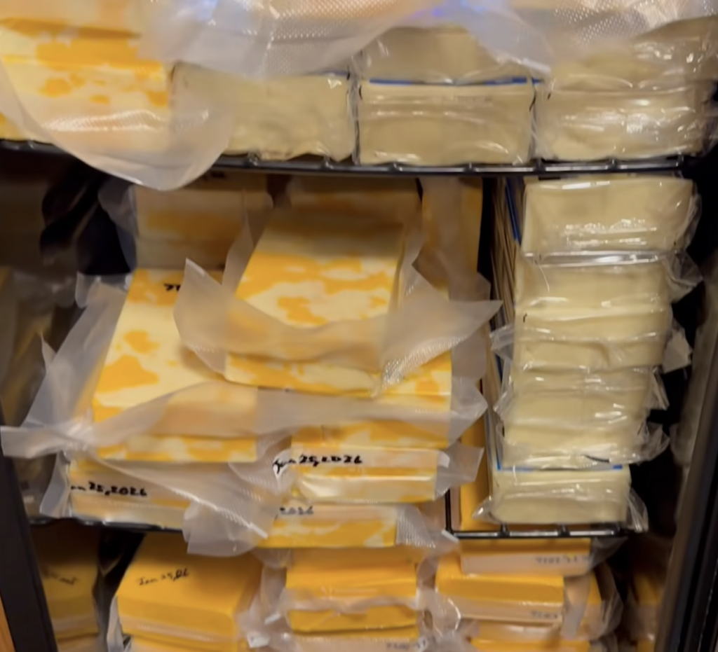 Cheese vacuum sealed and stacked in Chelsea's cheese fridge from a Coscto grocery haul.