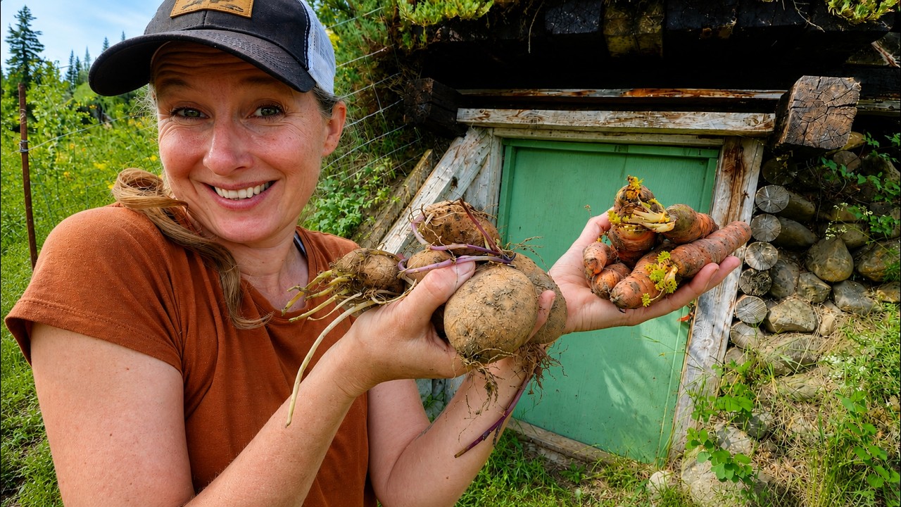 Chelsea standing in front of her root cellar door holding 10 month old potatoes and carrots with a smile on her face.