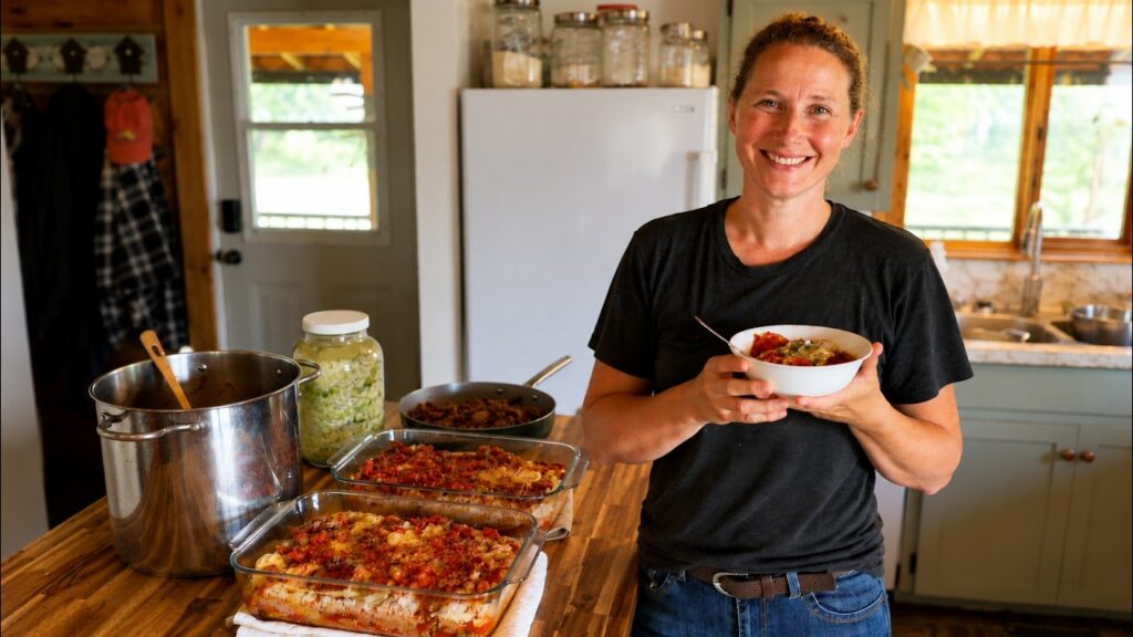 Chelsea standing in front of a kitchen island with deconstructed cabbage roll casseroles and dill pickle sauerkraut, holding a bowl of borscht.