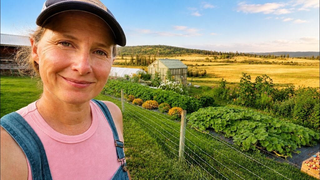 Chelsea grinning while standing in front of her garden with the high tunnel, greenhouse and hay field in the background.